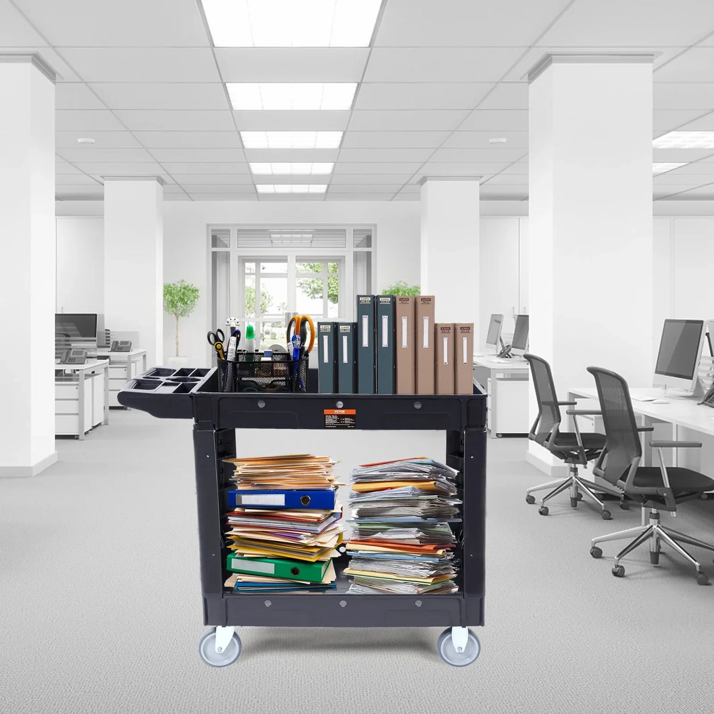 VEVOR Utility Service Cart, 2 Shelf 550LBS Heavy Duty Plastic Rolling Utility Cart with 360° Swivel Wheels, Medium Lipped Shelf, Ergonomic Storage Handle for Warehouse/Garage/Cleaning/Office - Mekamart Australia