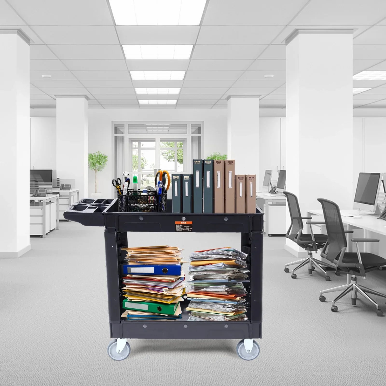 VEVOR Utility Service Cart, 2 Shelf 550LBS Heavy Duty Plastic Rolling Utility Cart with 360° Swivel Wheels, Medium Lipped Shelf, Ergonomic Storage Handle for Warehouse/Garage/Cleaning/Office - Mekamart Australia