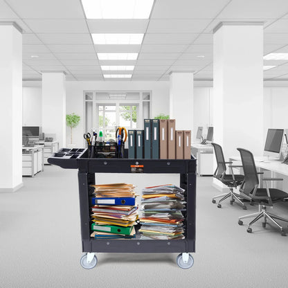 VEVOR Utility Service Cart, 2 Shelf 550LBS Heavy Duty Plastic Rolling Utility Cart with 360° Swivel Wheels, Medium Lipped Shelf, Ergonomic Storage Handle for Warehouse/Garage/Cleaning/Office - Mekamart Australia