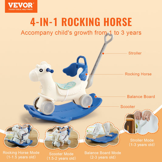 VEVOR 4 in 1 Rocking Horse for Toddlers 1-3 Years, Baby Rocking Horse with Detachable Balance Board, Push Handle and 4 Smooth Wheels, Support up to 80 lbs HDPE Kids Ride on Toy with Sound, Blue