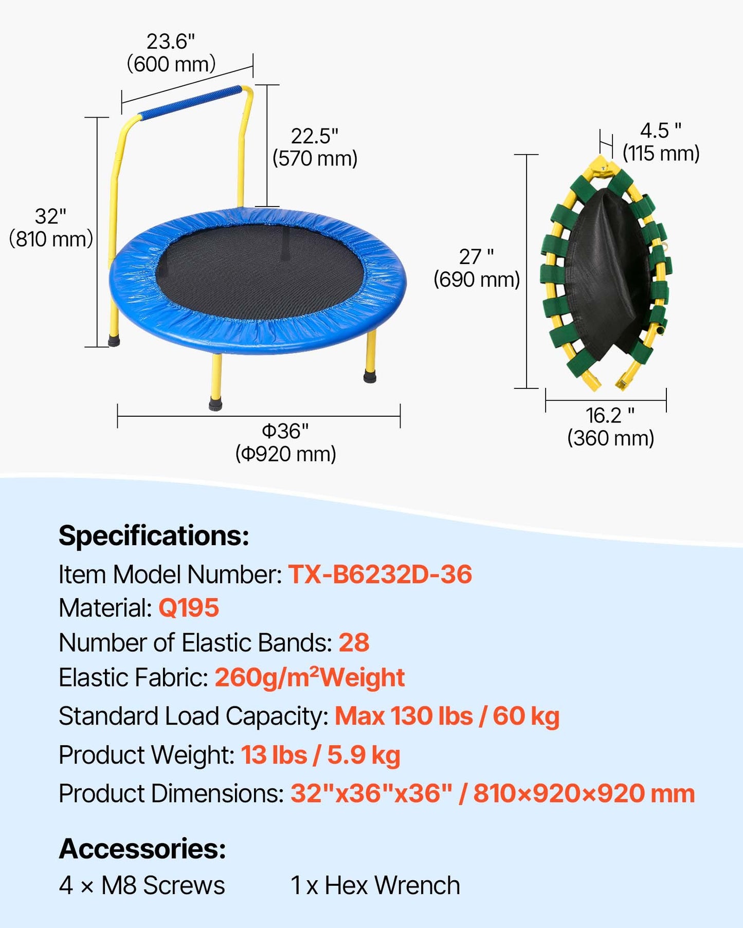 VEVOR 3FT Trampoline for Kids, 92 cm Trampolines Indoor/Outdoor Trampoline for Toddlers, Foldable Mini Baby Trampoline with Foam Handle, Recreational Trampoline Birthday Gift for 3+ Years Kids
