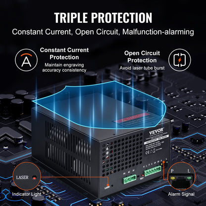 VEVOR CO2 Laser Power Supply, 100W, Power Supply for 100W Laser Tube, Constant Current Protection, Open Circuit Protection, Fast Heat Dissipation, Compatible for Multi-brand Laser Engravers & Cutters