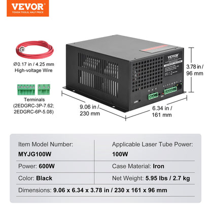 VEVOR CO2 Laser Power Supply, 100W, Power Supply for 100W Laser Tube, Constant Current Protection, Open Circuit Protection, Fast Heat Dissipation, Compatible for Multi-brand Laser Engravers & Cutters