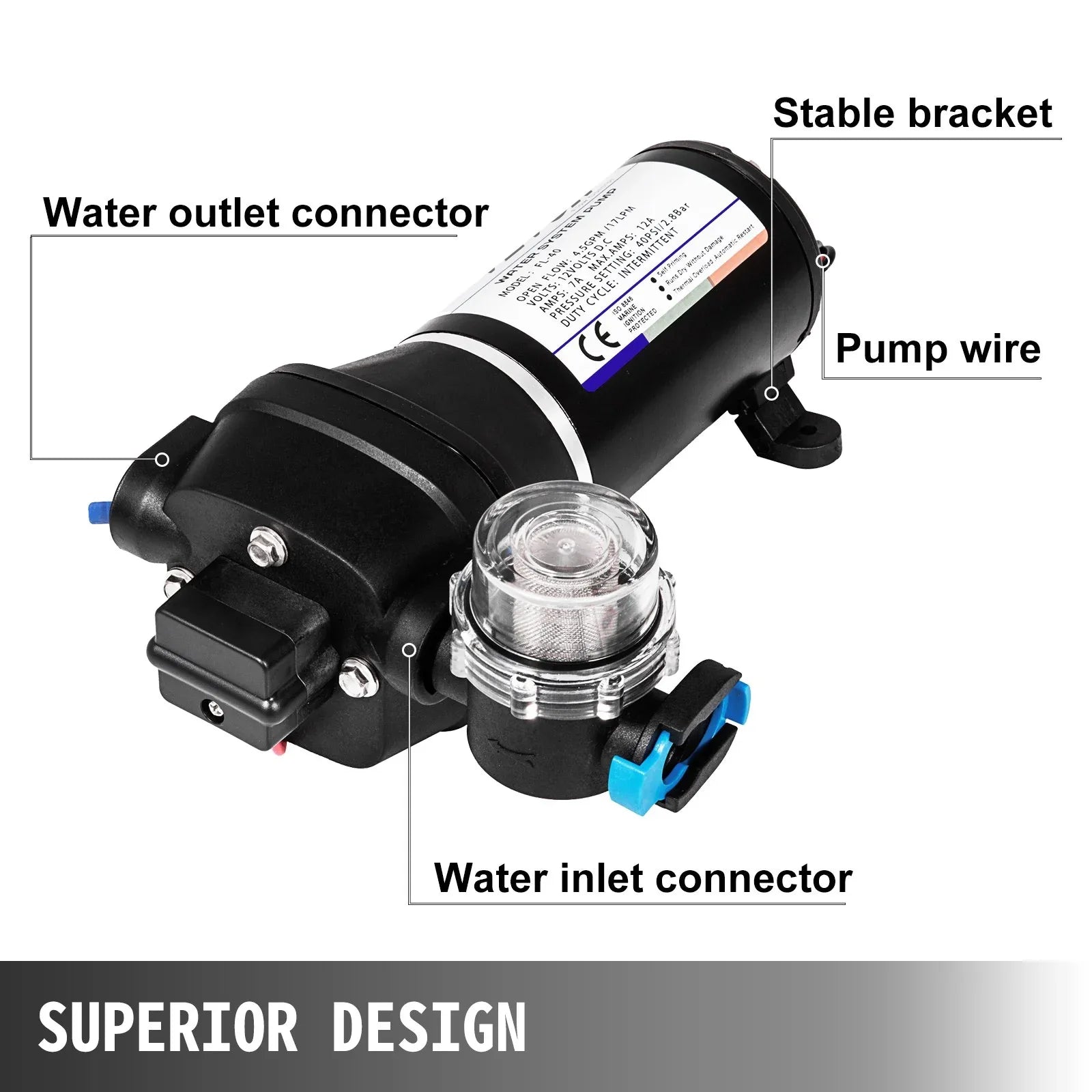VEVOR Water Pressure Diaphragm Pump, 12V FL-40 High Pressure Diaphragm Water Pump, 40PSI Automatic Self Priming Water Pump, 17L/MIN Misting Booster Sprayer Diaphragm Pump for Caravan Boat RV Garden - Mekamart Australia