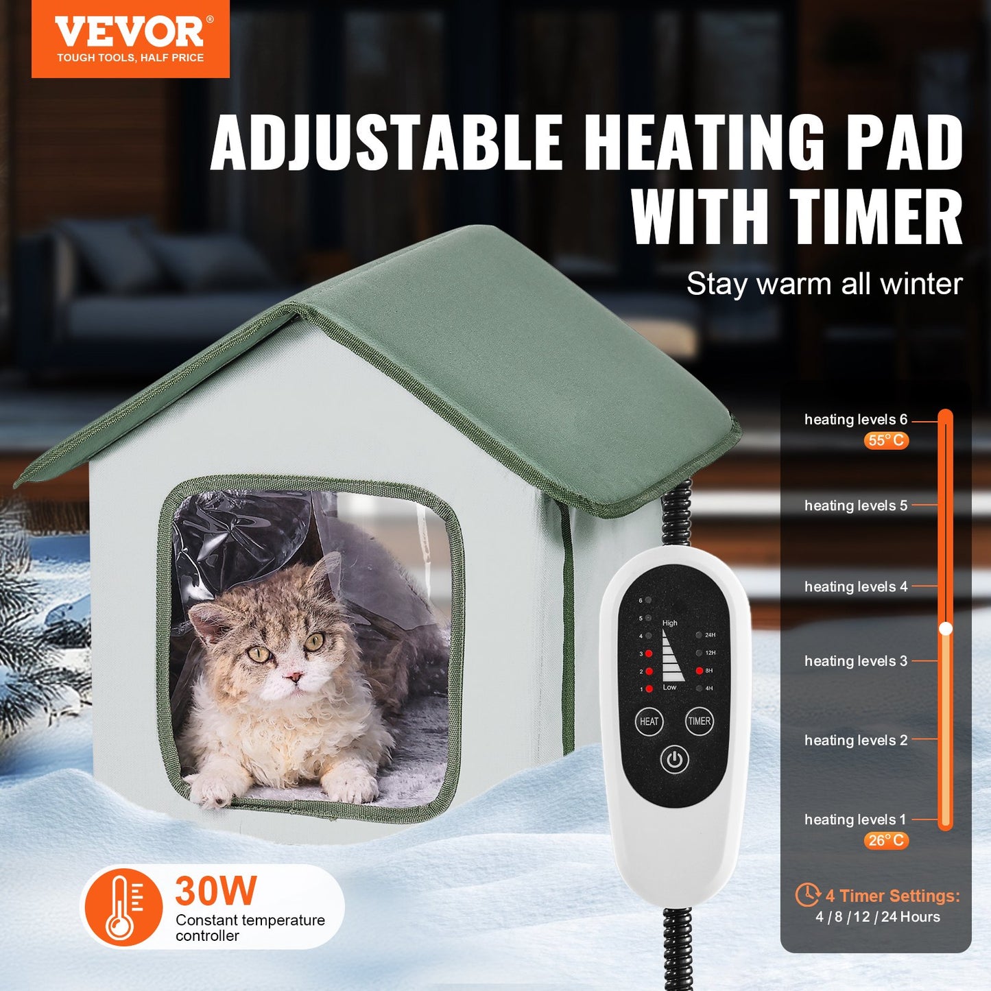 VEVOR Elevated Heated Cat House, Outdoor Kitty Shelter with Timer, 600D Oxford Cloth Foldable Cat Shelter with Heated Pad for Winter to Stay Warm and Cozy, Green (Small)