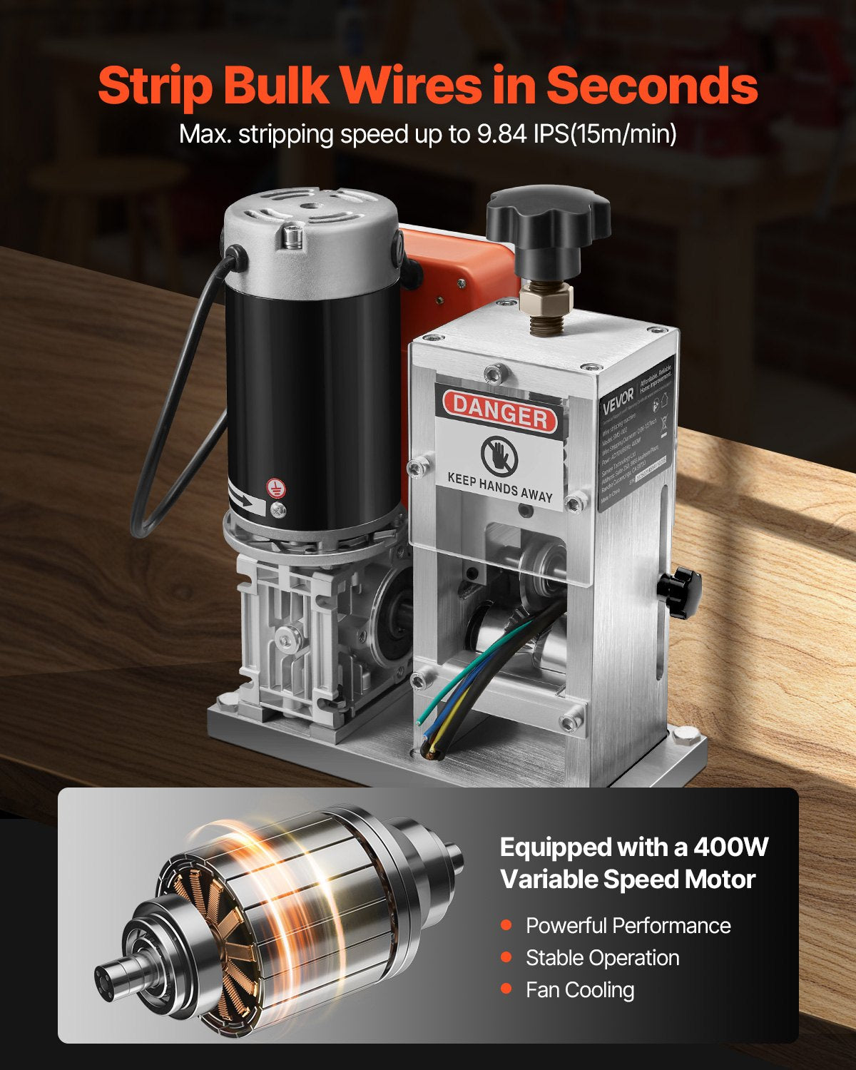 VEVOR Electric Wire Stripping Machine, 1.5-40 mm, 400W Automatic Motorized Cable Stripper, 9.84 IPS (15 m/min) Wire Peeler with Alloy Blades, V-Shaped Rollers, Cooling Fan, for Scrap Copper Recycling