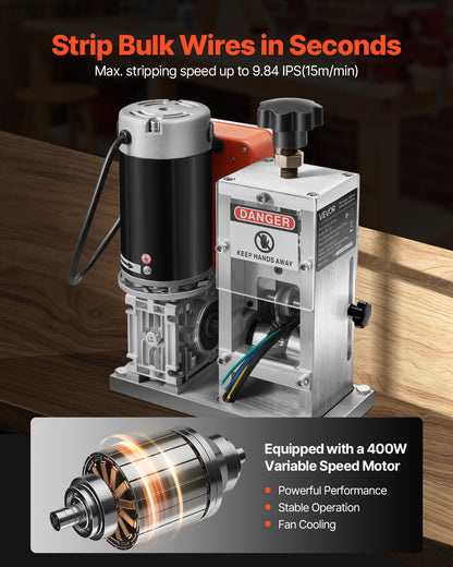 VEVOR Electric Wire Stripping Machine, 1.5-40 mm, 400W Automatic Motorized Cable Stripper, 9.84 IPS (15 m/min) Wire Peeler with Alloy Blades, V-Shaped Rollers, Cooling Fan, for Scrap Copper Recycling