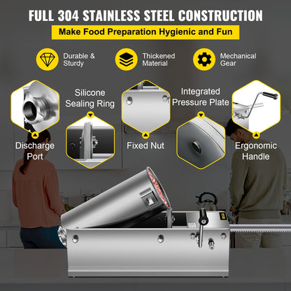 VEVOR Manual Sausage Stuffer, 5 L / 11 LBS Horizontal Sausage Machine, Dual-Speed Meat Stuffer, Made of Food-Grade 304 Stainless Steel, Includes 5 Stuffing Tubes, for Home Kitchen Restaurant Commercia