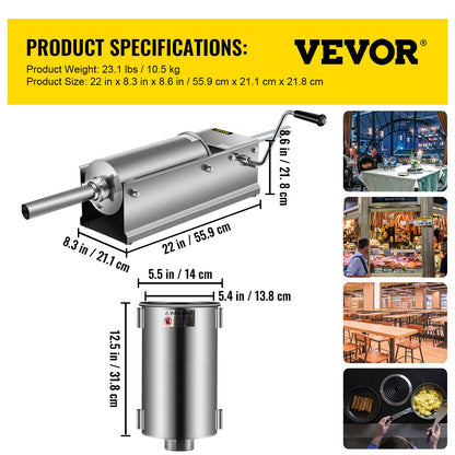 VEVOR Manual Sausage Stuffer, 5 L / 11 LBS Horizontal Sausage Machine, Dual-Speed Meat Stuffer, Made of Food-Grade 304 Stainless Steel, Includes 5 Stuffing Tubes, for Home Kitchen Restaurant Commercia