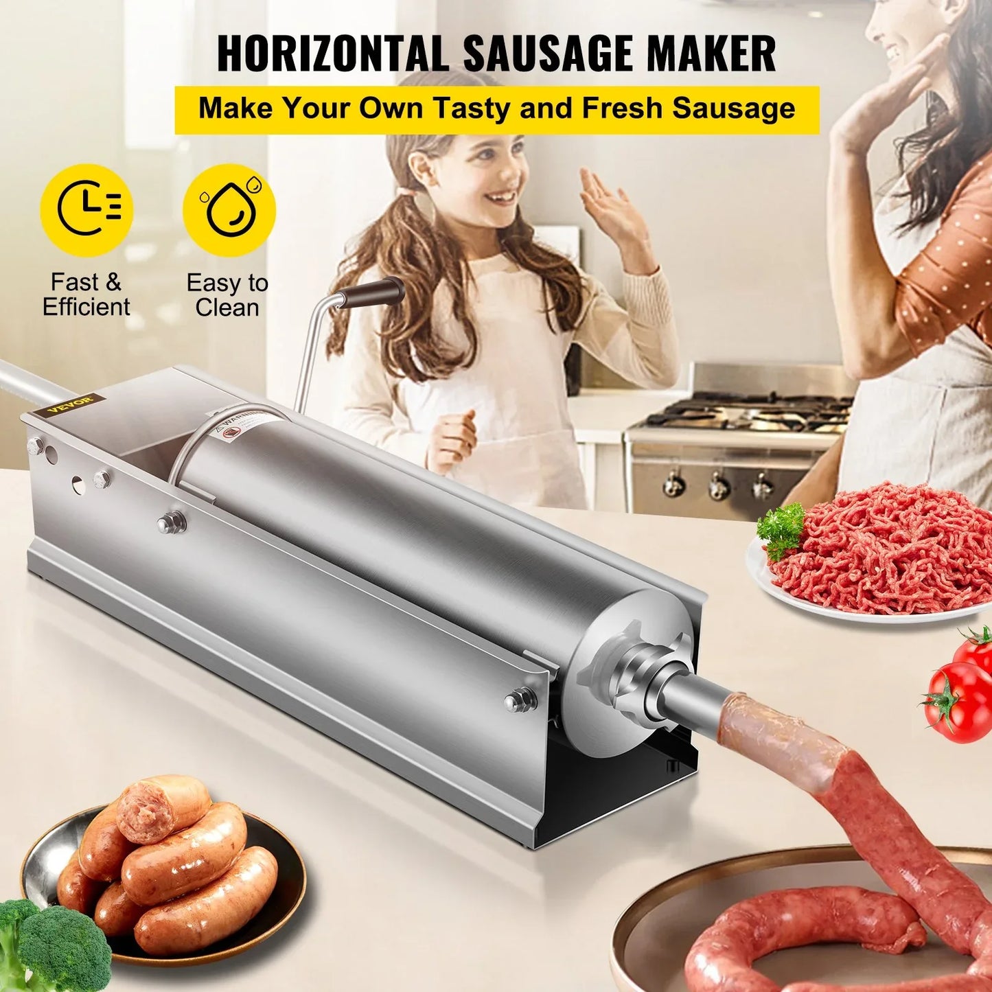VEVOR Manual Sausage Stuffer, 7 L / 15 LBS Horizontal Sausage Machine, Dual-Speed Meat Stuffer, Made of Food-Grade 304 Stainless Steel, Includes 5 Stuffing Tubes, for Home Kitchen Restaurant Commercia