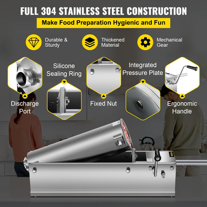 VEVOR Manual Sausage Stuffer, 7 L / 15 LBS Horizontal Sausage Machine, Dual-Speed Meat Stuffer, Made of Food-Grade 304 Stainless Steel, Includes 5 Stuffing Tubes, for Home Kitchen Restaurant Commercia