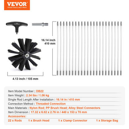 VEVOR 914.4CM Dryer Vent Cleaner Kit, 22 Pieces Duct Cleaning Brush, Reinforced Nylon Dryer Vent Brush, Dryer Cleaning Tools Lint Remover with Flexible Lint Trap Brush, Clamp Connectors