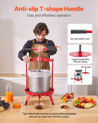 VEVOR 3.69 Gal/14L Fruit Wine Press, Stainless Steel Basket with Cross-beam and Triangular Structure, Manual Juice Maker, Cider Apple Grape Tincture Making Press with T-Handle for Kitchen Home