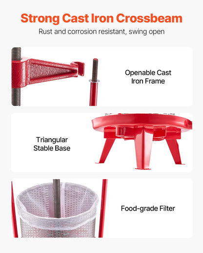 VEVOR 3.69 Gal/14L Fruit Wine Press, Stainless Steel Basket with Cross-beam and Triangular Structure, Manual Juice Maker, Cider Apple Grape Tincture Making Press with T-Handle for Kitchen Home