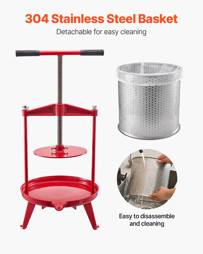 VEVOR 3.69 Gal/14L Fruit Wine Press, Stainless Steel Basket with Cross-beam and Triangular Structure, Manual Juice Maker, Cider Apple Grape Tincture Making Press with T-Handle for Kitchen Home