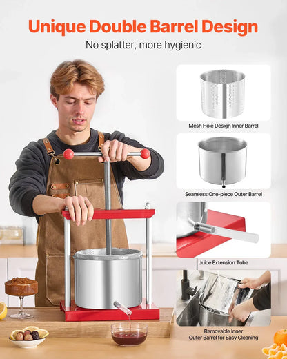 VEVOR Fruit Wine Press Manual Press for Wine Making 1.6 Gal/6L Stainless Steel