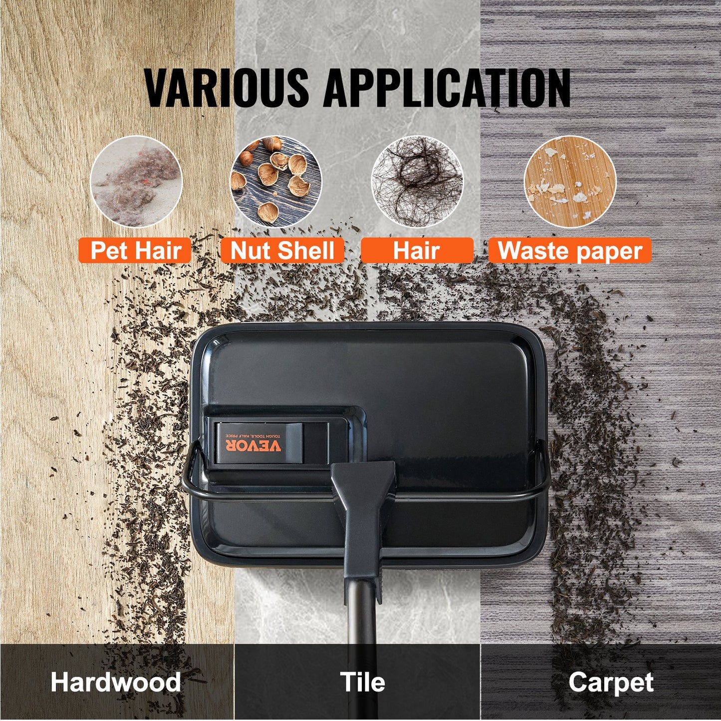 VEVOR Carpet Sweeper, 200 mm Sweeping Paths, Floor Sweeper Manual Non Electric, 300 ml Dustbin Capacity with Comb for Home Office Rugs Hardwood Surfaces Wood Floors Laminate, Cleans Dust Pet Hair