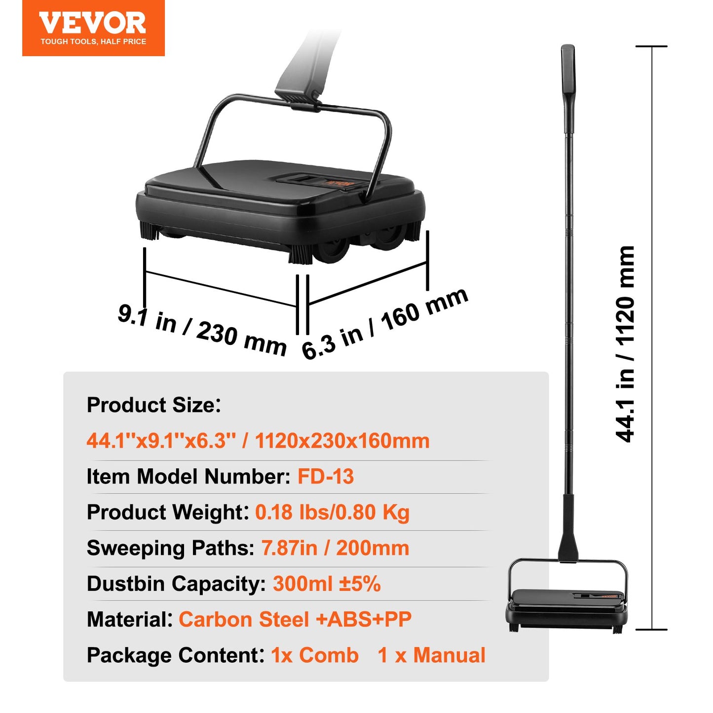 VEVOR Carpet Sweeper, 200 mm Sweeping Paths, Floor Sweeper Manual Non Electric, 300 ml Dustbin Capacity with Comb for Home Office Rugs Hardwood Surfaces Wood Floors Laminate, Cleans Dust Pet Hair