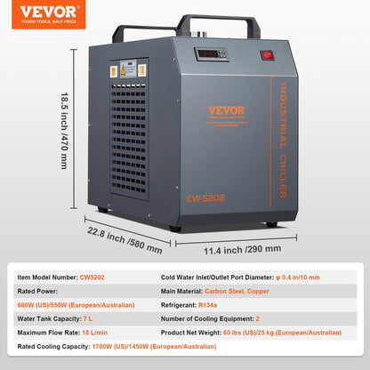 VEVOR Industrial Water Chiller, CW-5202, Industrial Water Cooler Cooling System with Built-in Compressor 7L Water Tank Capacity 18 L/min Max Flow Rate, for CO2 Laser Engraving Machine Cooling Machine