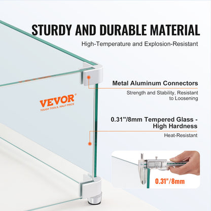 VEVOR Gas Fire Pit Wind Guard for Square Fire Table, 380 x 380 x 180 mm Clear Tempered Wind Guard for Firepits, 8mm Thick Square Glass Shield, Glass Panel with Hard Corner Bracket & Feet