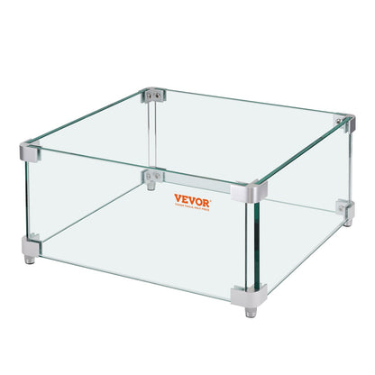 VEVOR Gas Fire Pit Wind Guard for Square Fire Table, 380 x 380 x 180 mm Clear Tempered Wind Guard for Firepits, 8mm Thick Square Glass Shield, Glass Panel with Hard Corner Bracket & Feet