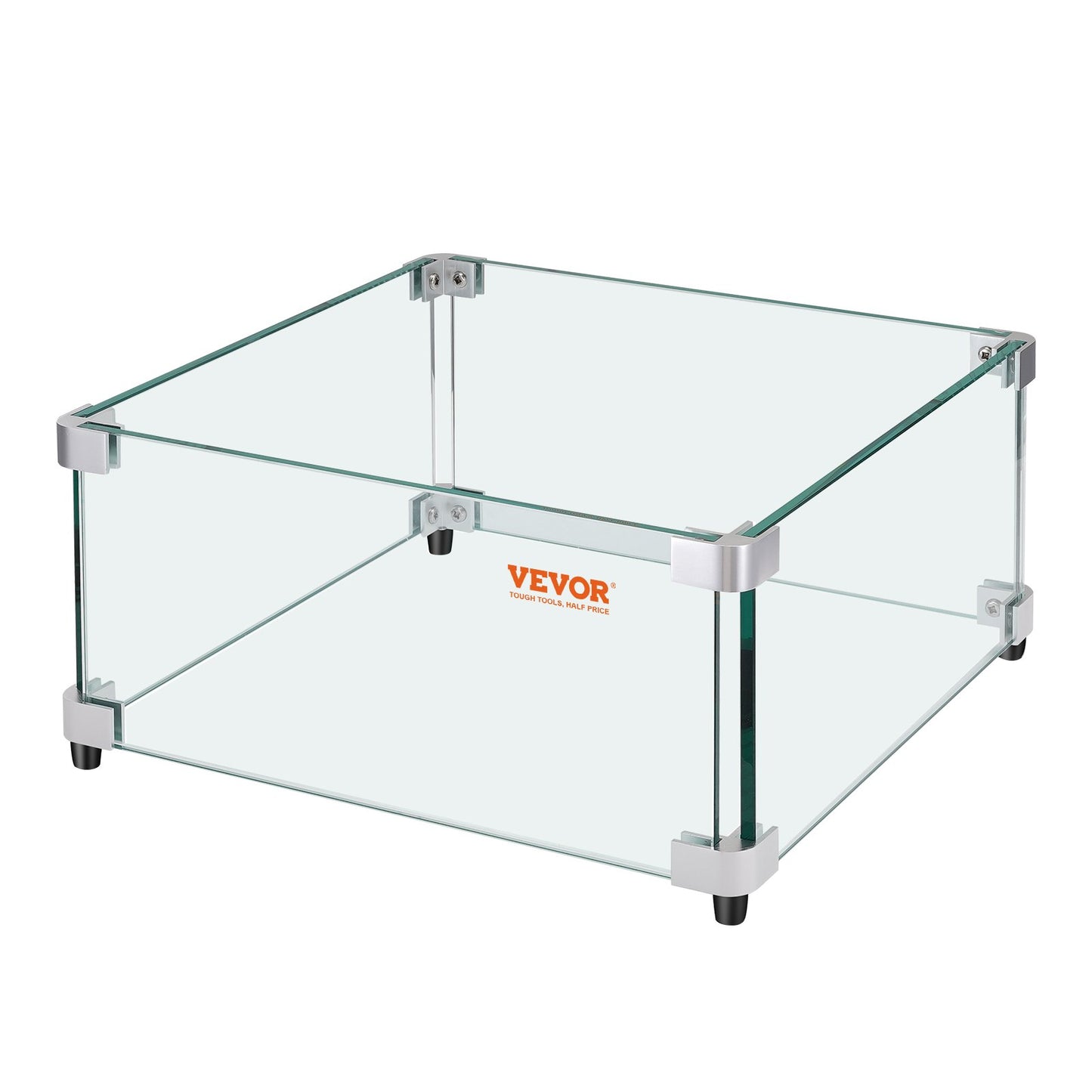 VEVOR Gas Fire Pit Wind Guard for Square Fire Table, 543 x 543 x 191 mm Clear Tempered Wind Guard for Firepits, 8mm Thick Square Glass Shield, Glass Panel with Hard Corner Bracket & Feet