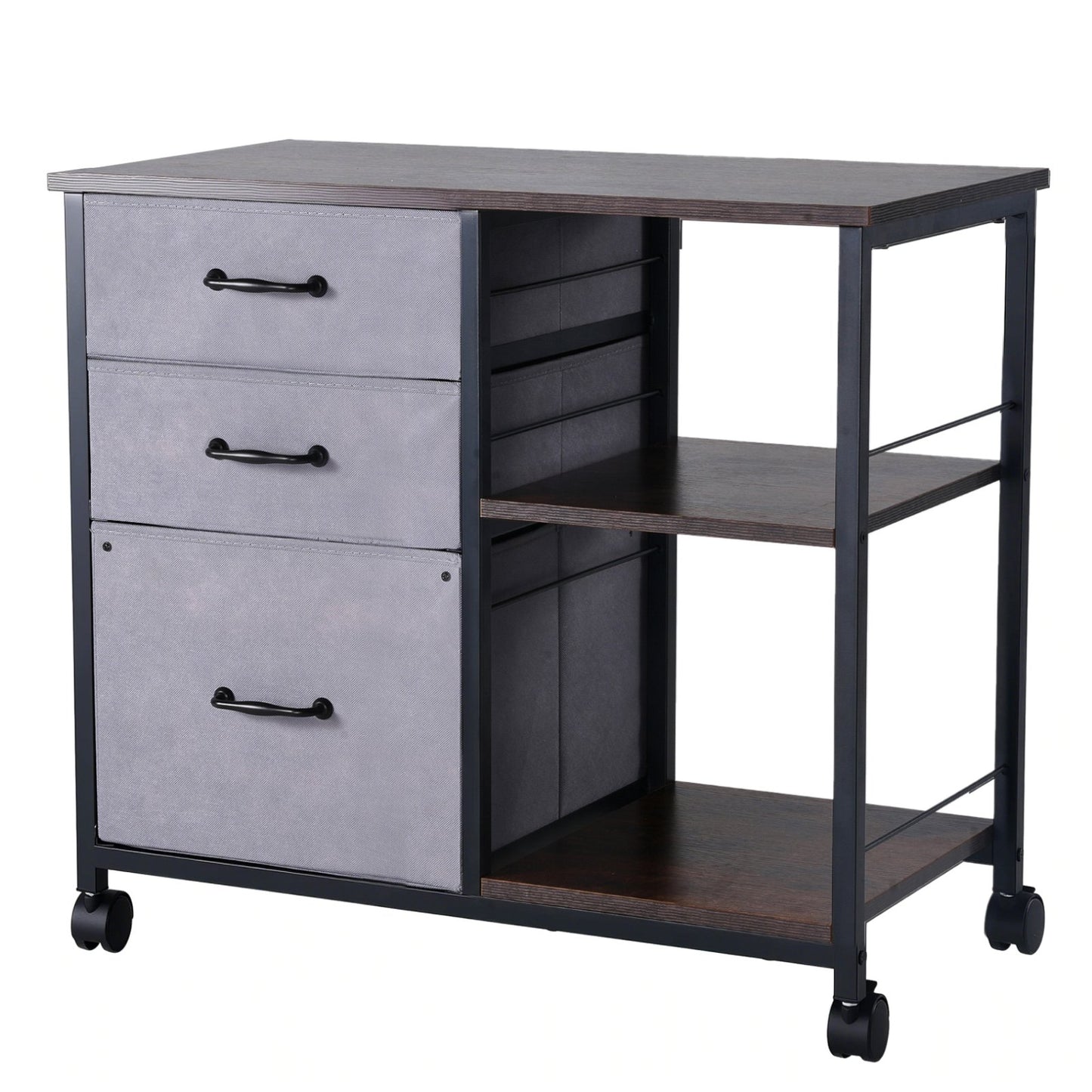 VEVOR Mobile Metal File Cabinet with 3 Fabric Drawers and 2 Open Shelves Brown