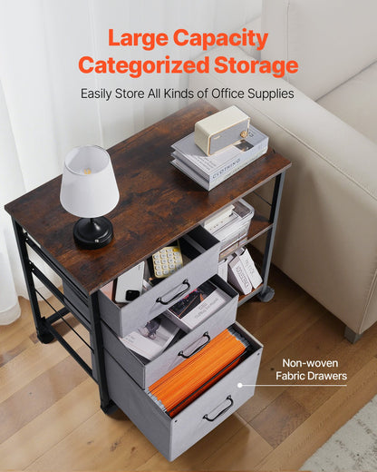 VEVOR Mobile Metal File Cabinet with 3 Fabric Drawers and 2 Open Shelves Brown