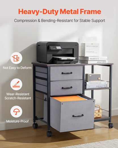 VEVOR Mobile Metal File Cabinet with 3 Fabric Drawers and 2 Open Shelves Brown