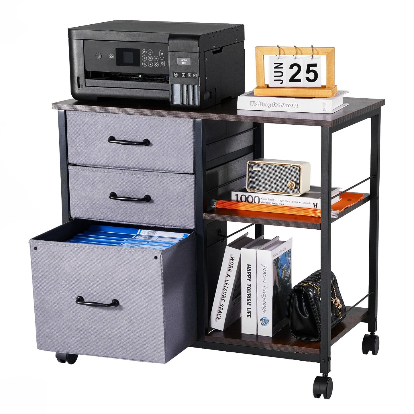 VEVOR Mobile Metal File Cabinet with 3 Fabric Drawers and 2 Open Shelves Brown