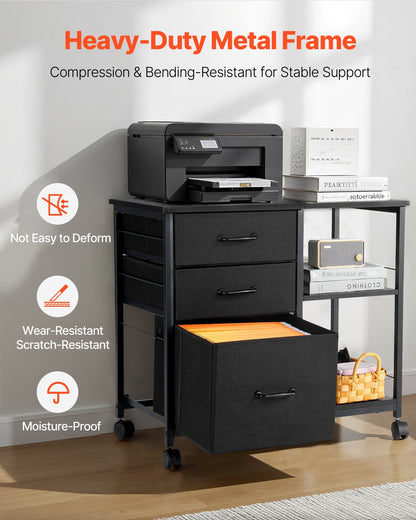 VEVOR Mobile Metal File Cabinet with 3 Fabric Drawers and 2 Open Shelves Black