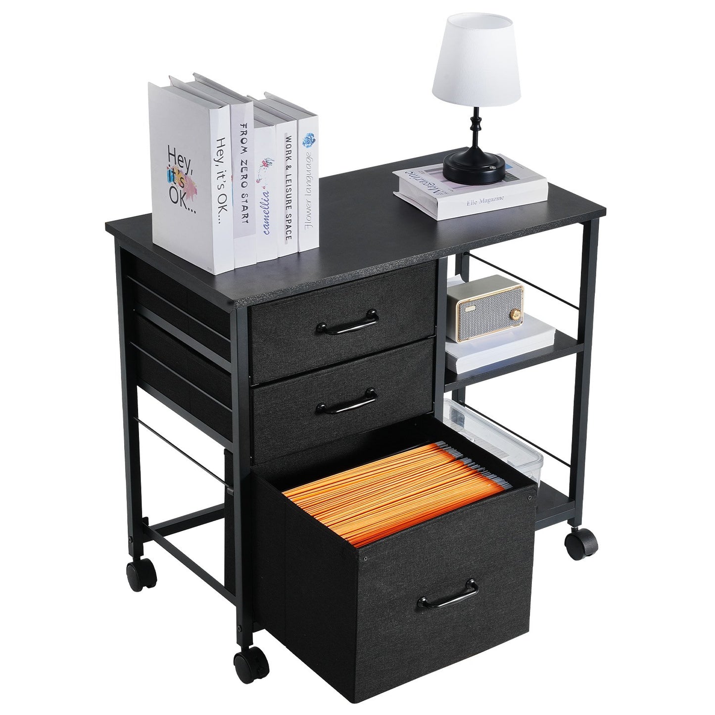VEVOR Mobile Metal File Cabinet with 3 Fabric Drawers and 2 Open Shelves Black