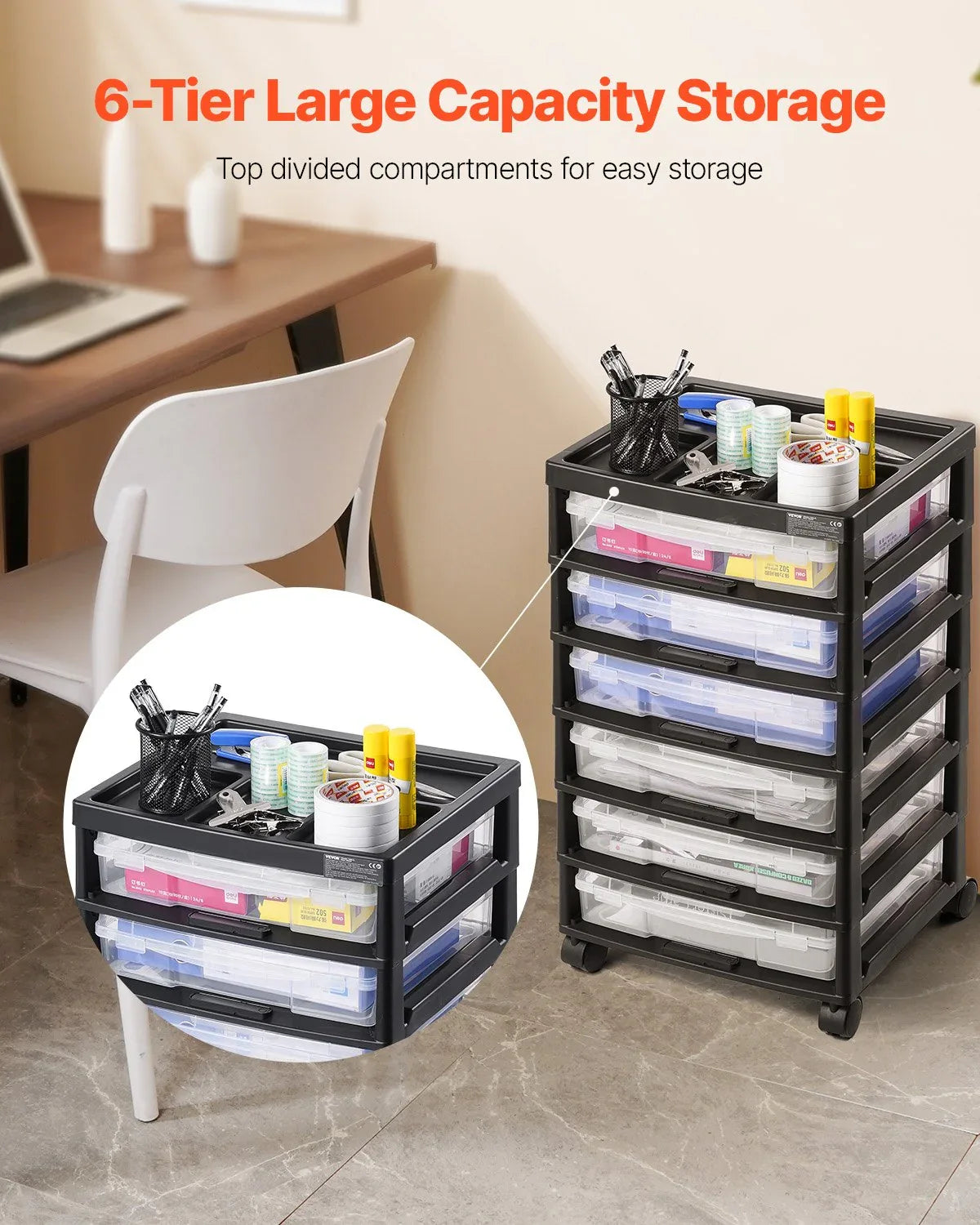 Scrapbook Rolling Storage Cart 6-Tier Large Capacity with 6 Clear Cases Black - Mekamart Australia