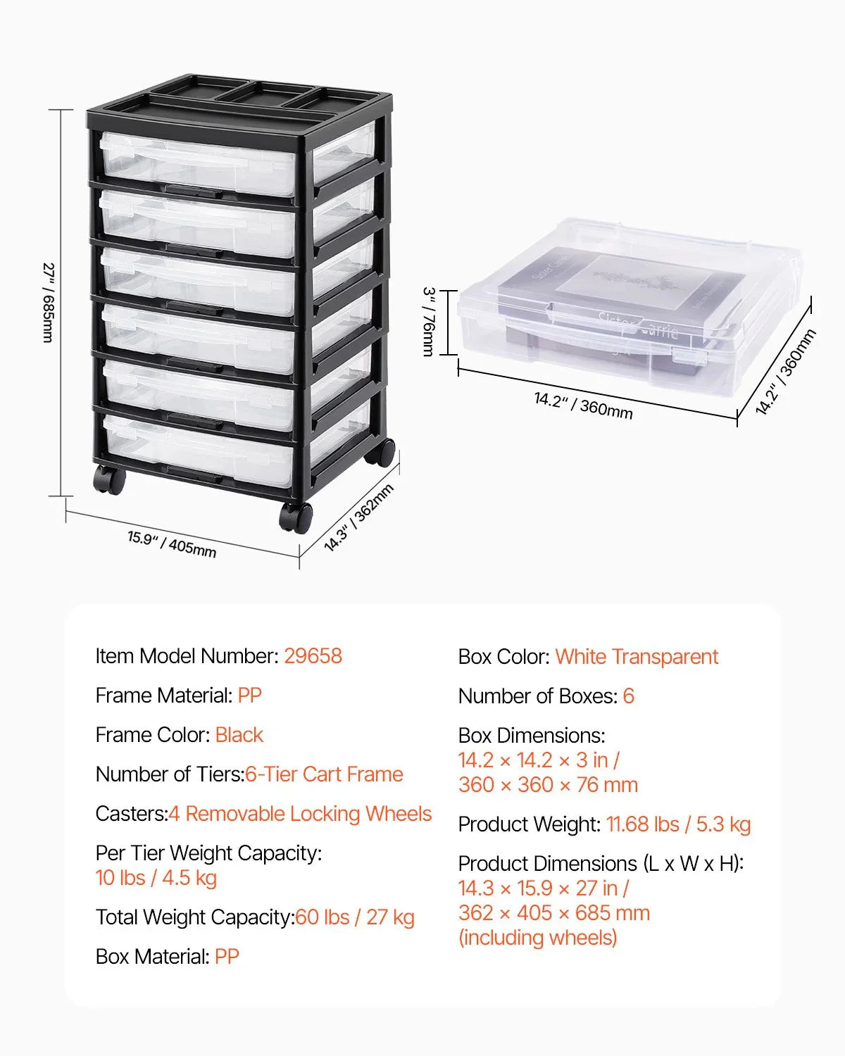 Scrapbook Rolling Storage Cart 6-Tier Large Capacity with 6 Clear Cases Black - Mekamart Australia
