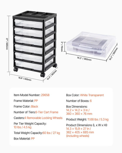 Scrapbook Rolling Storage Cart 6-Tier Large Capacity with 6 Clear Cases Black - Mekamart Australia