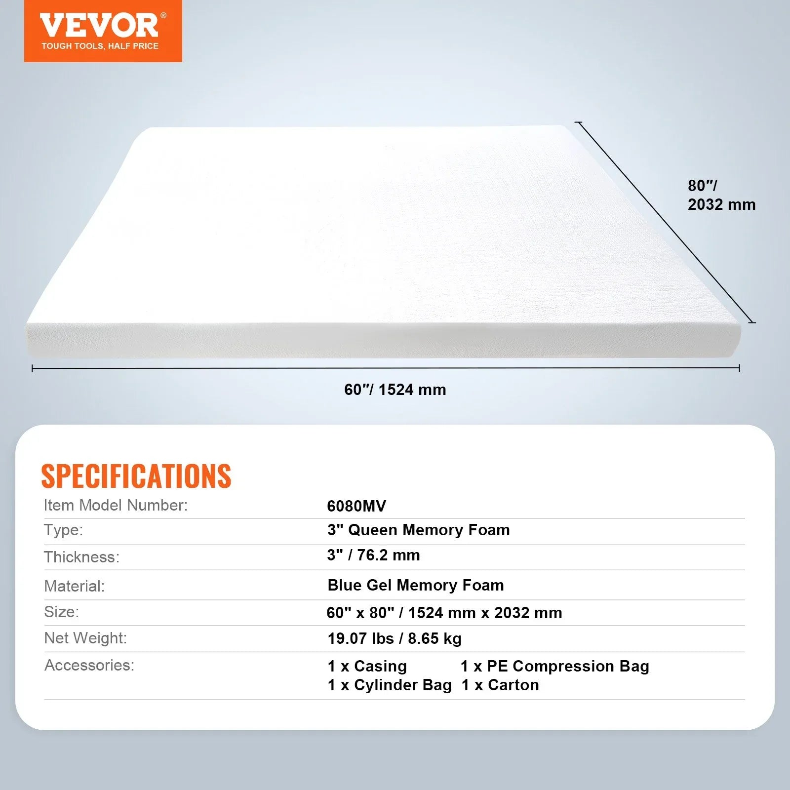 VEVOR Mattress Topper Memory Foam Detachable & Washable Queen 76.2 mm Thickness - Mekamart Australia