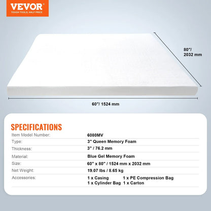 VEVOR Mattress Topper Memory Foam Detachable & Washable Queen 76.2 mm Thickness - Mekamart Australia