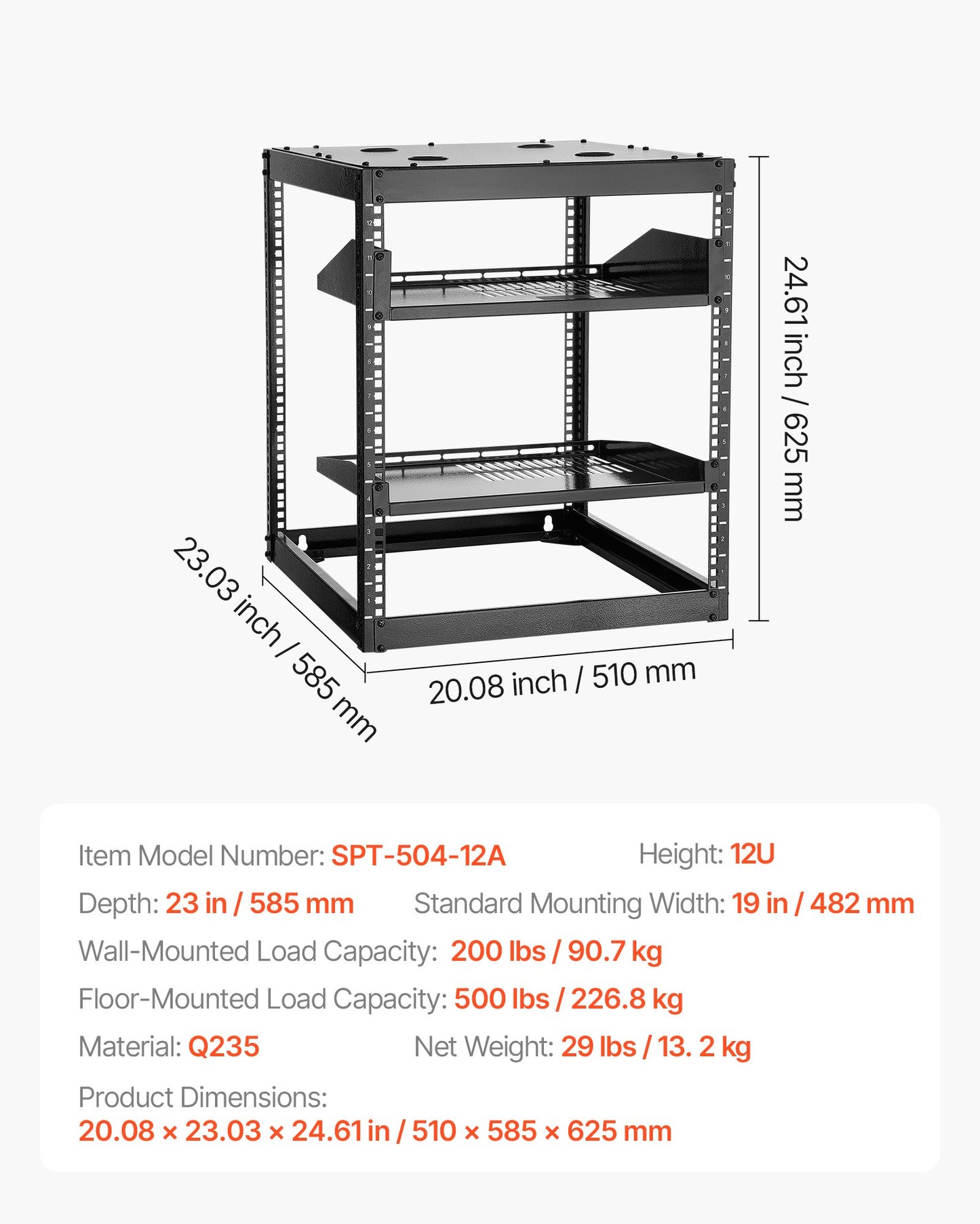 VEVOR 12U Open Frame Network Rack, 585 mm Depth, Wall Mounted or Floor Standing Server Rack, Heavy Duty 4 Post, with Vented Shelves & Mounting Hardware, Holds All Your Networking IT Equipment AV Gear