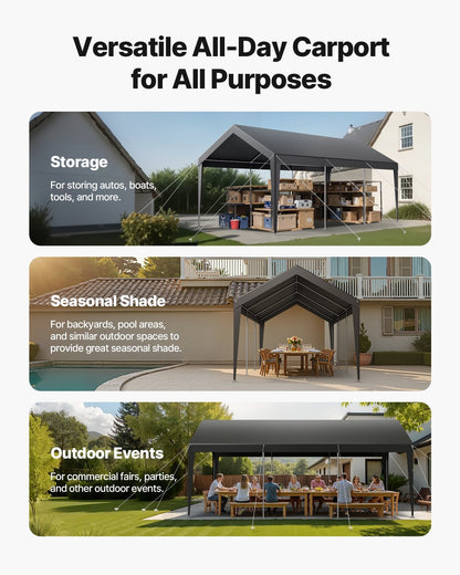 VEVOR Carport Car Canopy 10 x 20 FT Heavy Duty Portable Car Shelter Tent Grey