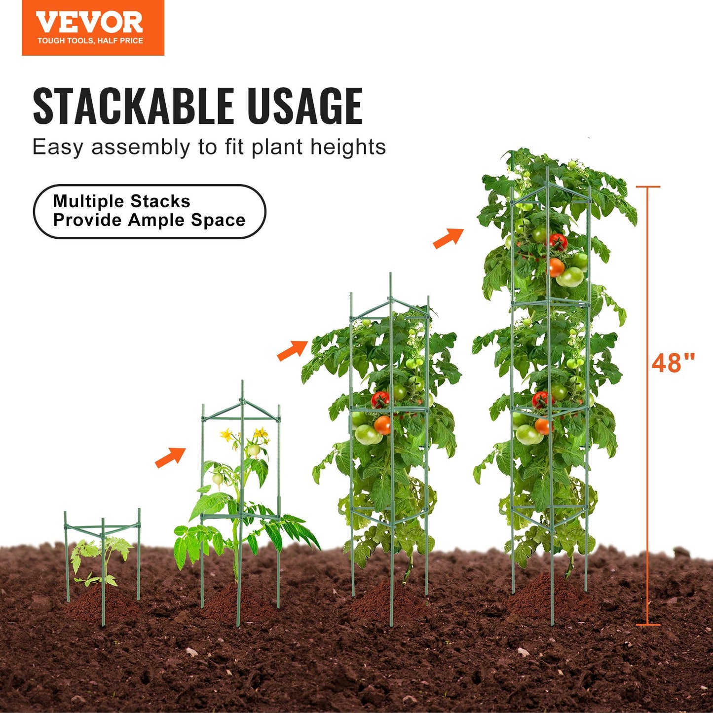 VEVOR 6 Packs Tomato Cages for Garden, 1230 mm Tomato Trellis Plant Stakes Support, Stackable Tall Plant Support Cage, for Raised Garden Bed, Vegetables Flowers and Climbing Plants