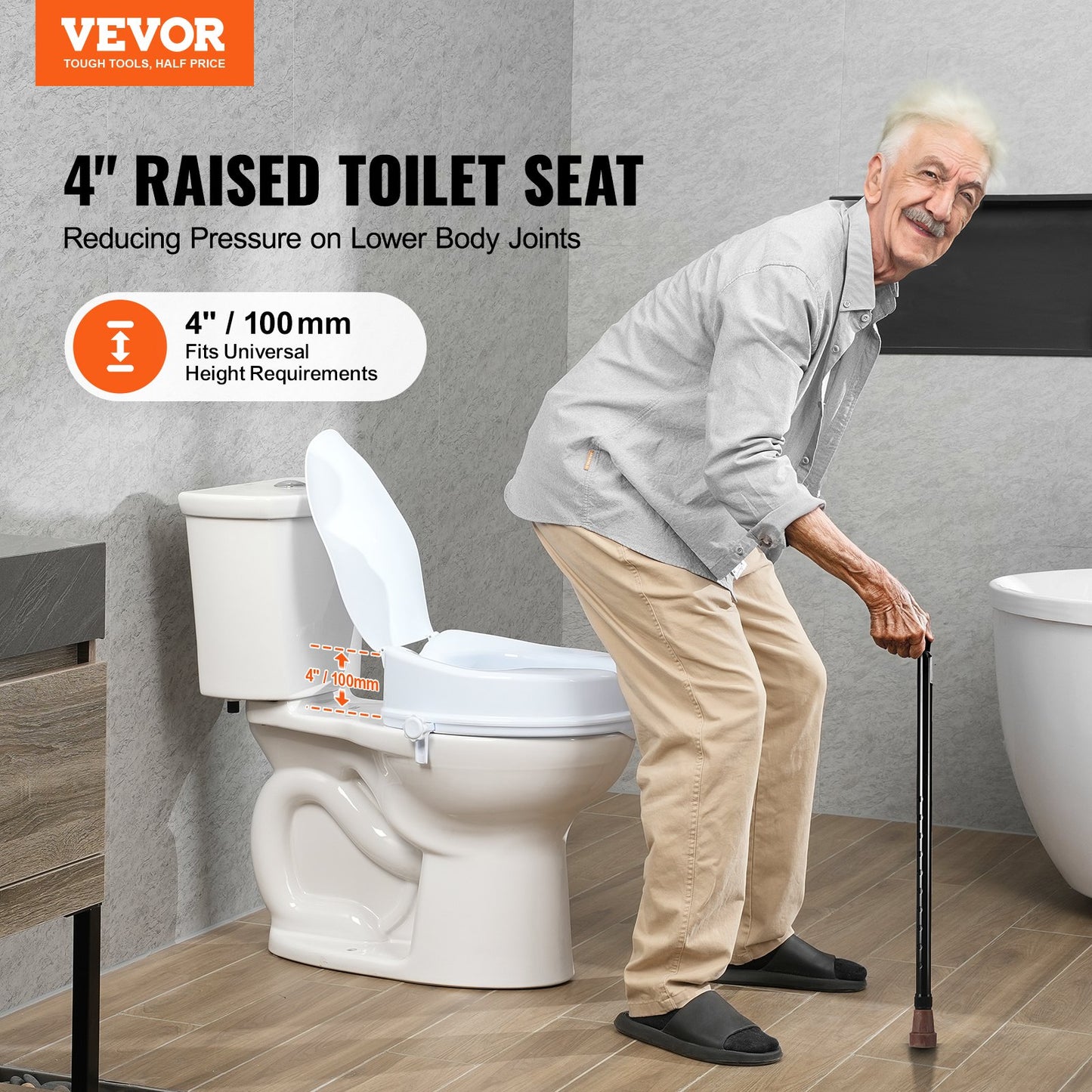 VEVOR Raised Toilet Seat, 100 mm Height Raised, 136 kg Weight Capacity, Universal Toilet Seat Riser, Screw Rod Locking, with Toilet Seat, for Elderly, Handicap, Patient, Pregnant, Medical