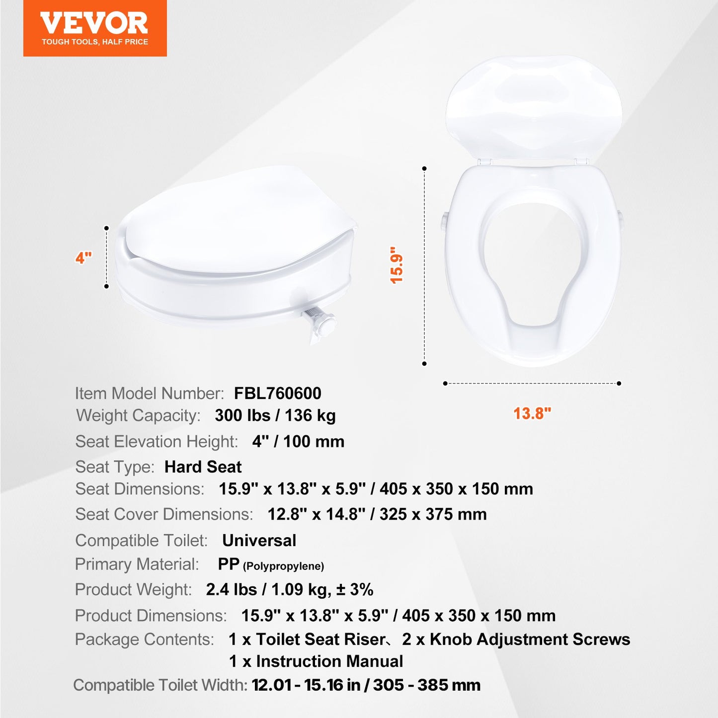 VEVOR Raised Toilet Seat, 100 mm Height Raised, 136 kg Weight Capacity, Universal Toilet Seat Riser, Screw Rod Locking, with Toilet Seat, for Elderly, Handicap, Patient, Pregnant, Medical
