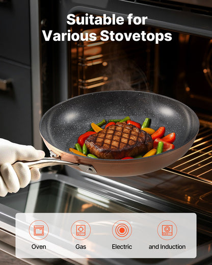 VEVOR Frying Pan Skillet, Aluminum Egg Fry Pans, 3 Piece (200, 270, 300 mm), Nonsitck Ceramic Heavy-Duty Skillets with Heat-Resistant Handle, Chef's Cookware, for Oven, Gas, Electric, Induction, Grey