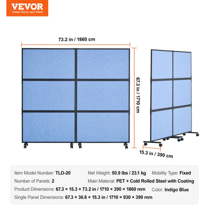 VEVOR Acoustic Room Divider Partition Panel Privacy Screen 2 Pack Indigo Blue