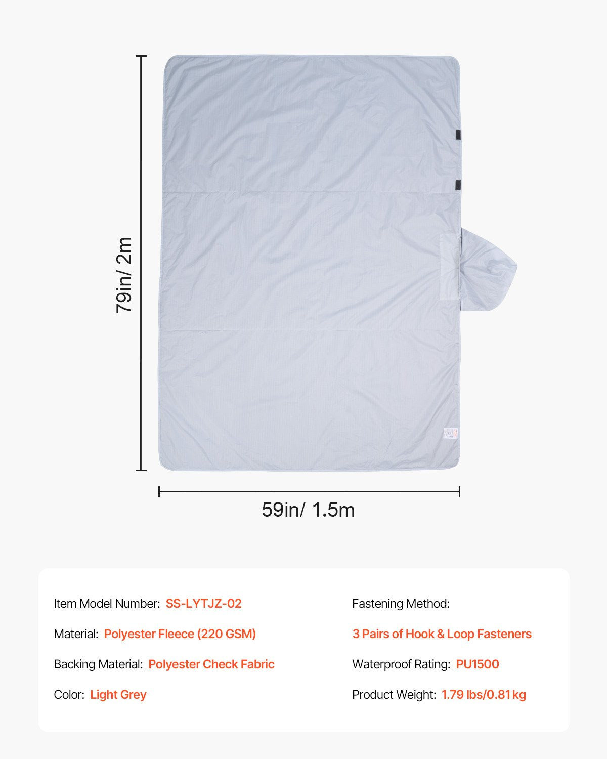 VEVOR Camping Blanket 2 m x 1.5 m Wearable Warm Stadium Blanket Light Grey.