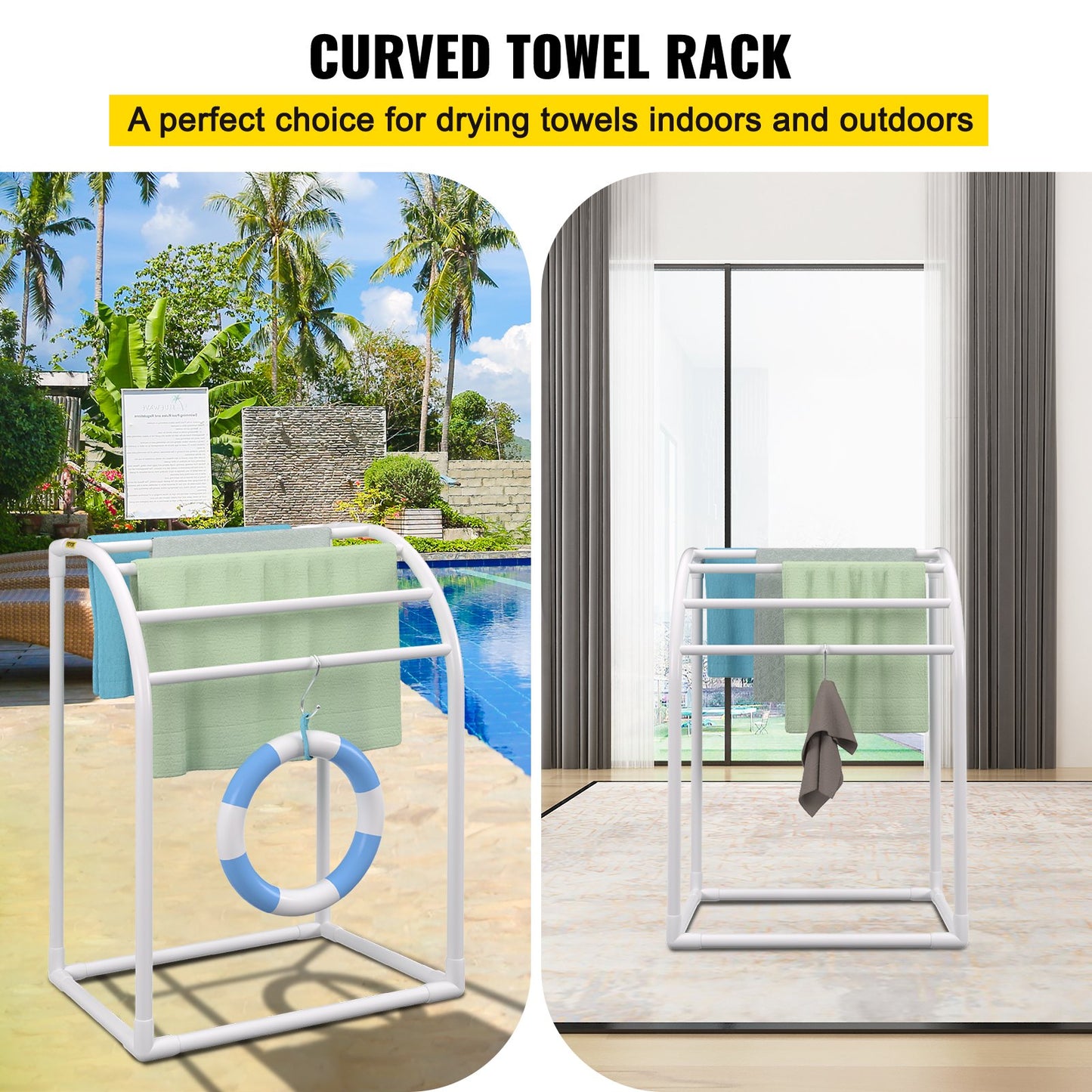 VEVOR Pool Towel Rack, 5 Bar, Milky, Freestanding Outdoor PVC Curved Poolside Storage Organizer, Include 8 Towel Clips, Mesh Bag, Hook, Also Stores Floats and Paddles, for Beach, Swimming Pool, Home