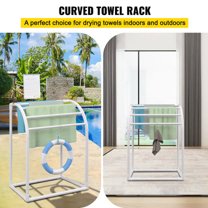 VEVOR Pool Towel Rack, 5 Bar, Milky, Freestanding Outdoor PVC Curved Poolside Storage Organizer, Include 8 Towel Clips, Mesh Bag, Hook, Also Stores Floats and Paddles, for Beach, Swimming Pool, Home