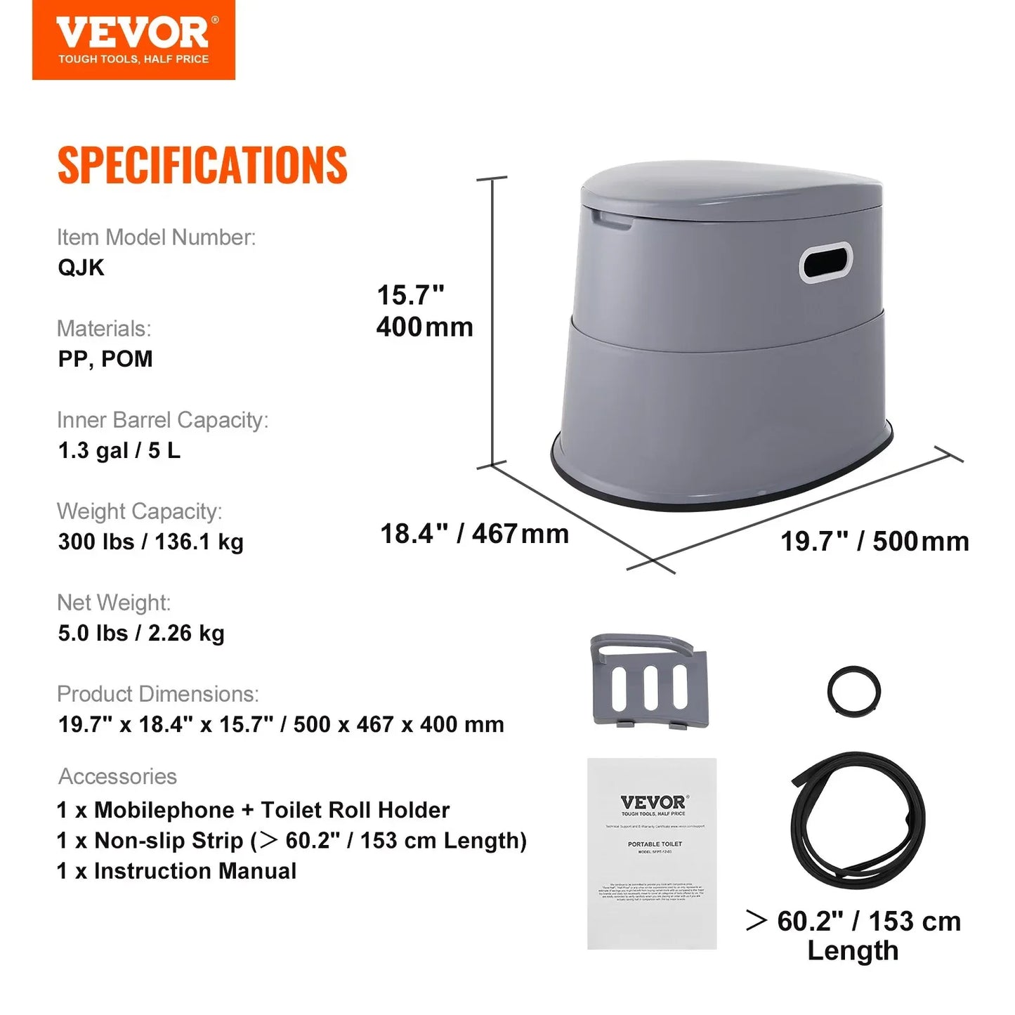 VEVOR Portable Toilet for Camping, Porta Potty with 5L Detachable Inner Bucket & Removable Paper Holder, Commode with Dual Lids, Travel Toilet for Adults Kids Outdoor Camping Car Long Road Trips