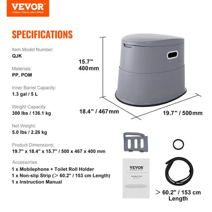 VEVOR Portable Toilet for Camping, Porta Potty with 5L Detachable Inner Bucket & Removable Paper Holder, Commode with Dual Lids, Travel Toilet for Adults Kids Outdoor Camping Car Long Road Trips
