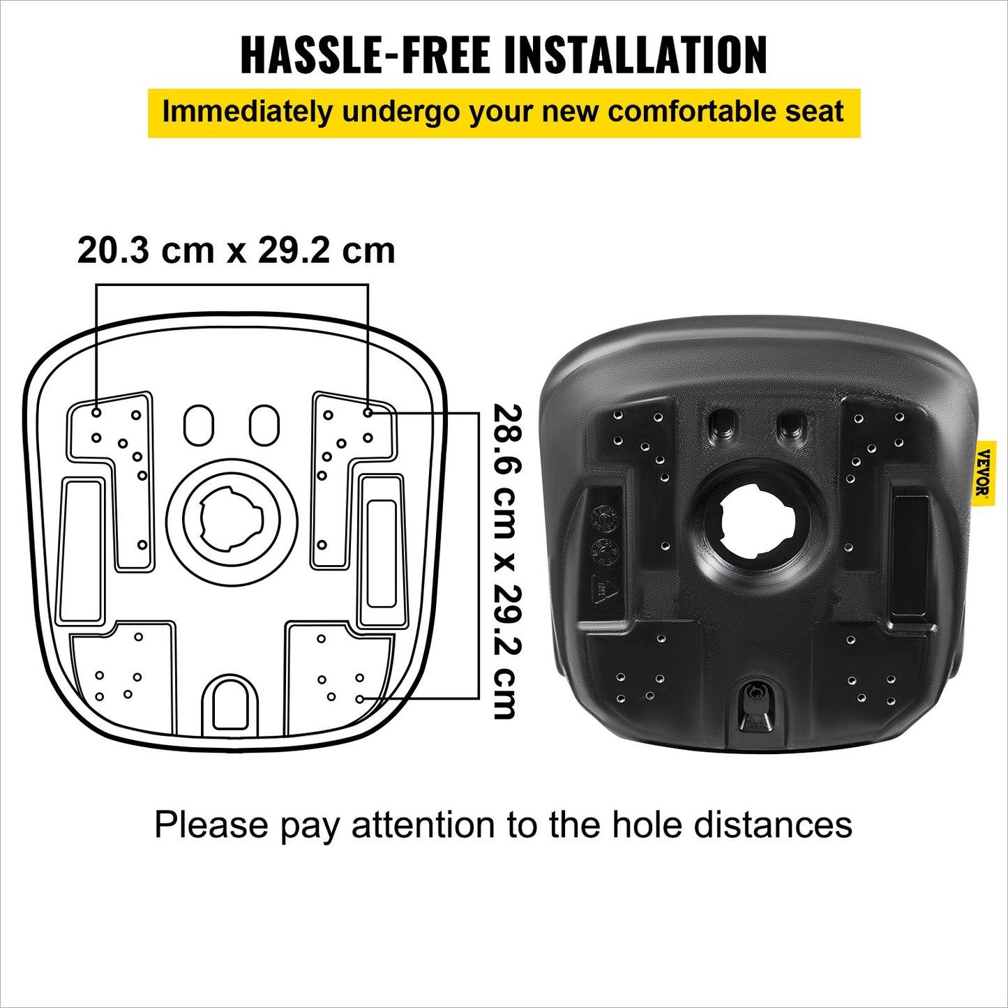 VEVOR Universal Lawn Tractor Seat Replacement, Compact High Back Mower Seat, Black Vinyl Forklift Seat, Central Drain Hole Skid Steer Seat with Mounting Bolt Patterns of 8" x 11.5" & 11.25" x 11.5"
